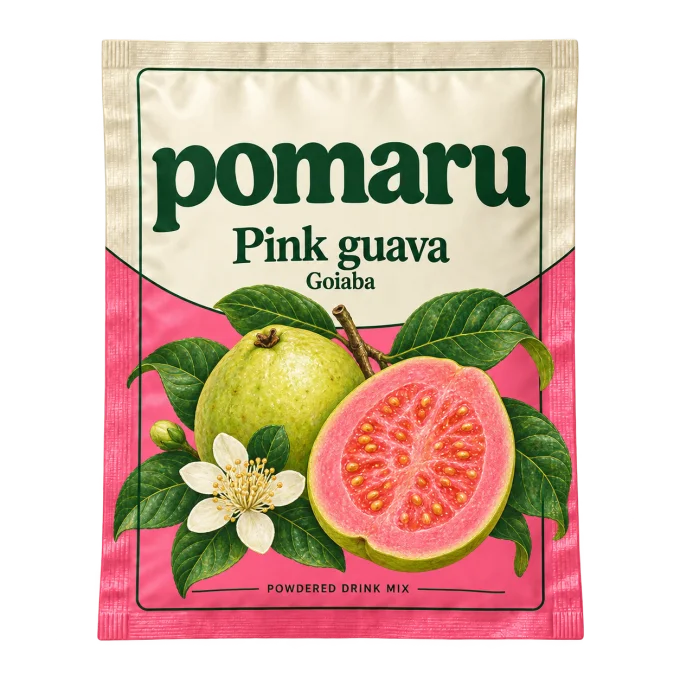 Pink guava POMARU sachet design concept