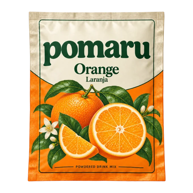 Orange POMARU sachet design concept